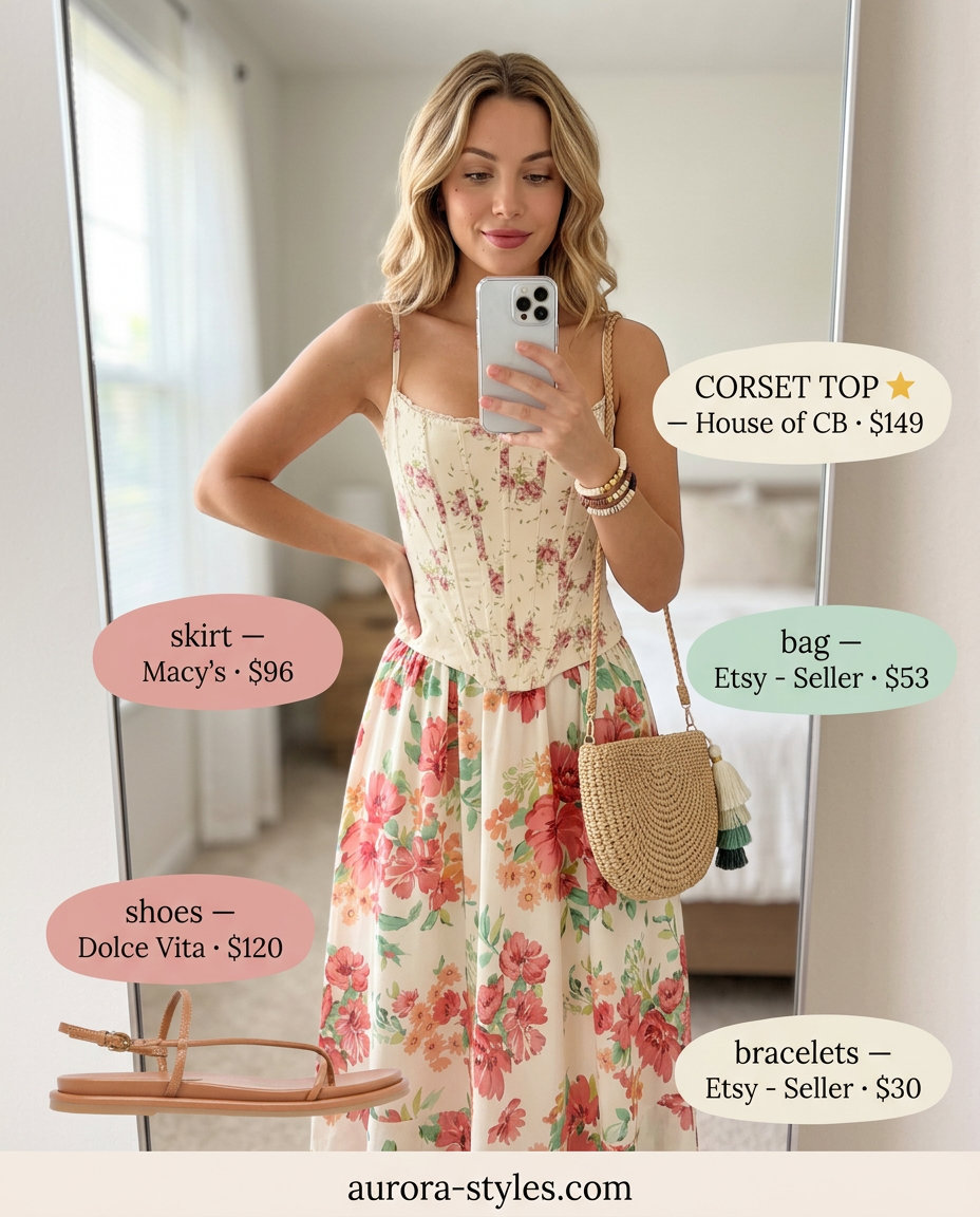 What to Wear with Corset Top Summer 2026: Floral corset top, floral midi skirt, straw bag, tan sandals.