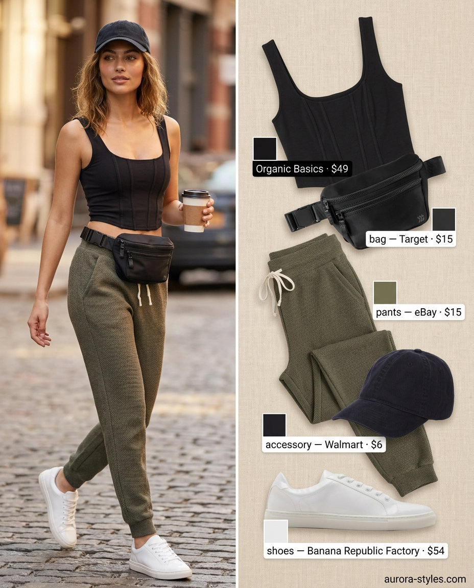 Casual chic outfit: Black corset top, olive green joggers, sneakers, belt bag. What to wear with corset top summer 2026.