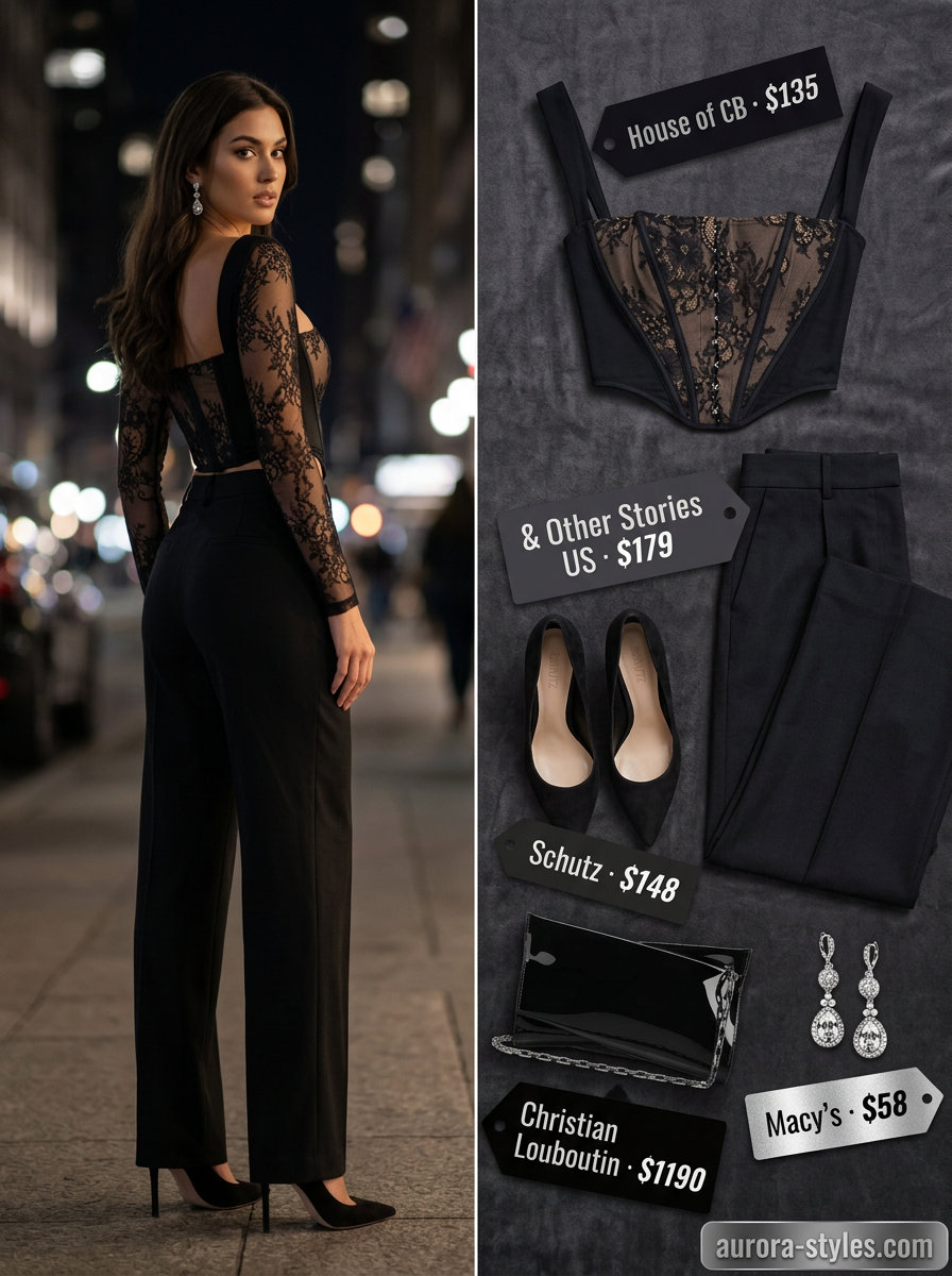 City lights outfit: Black lace corset top, black trousers, stiletto heels. What to wear with corset top summer 2026.