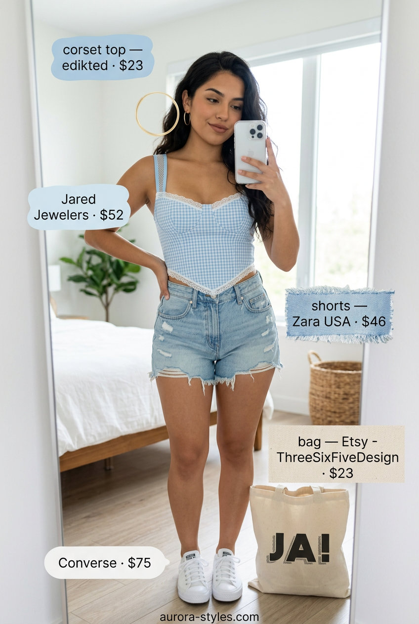 Coastal breeze outfit: Pastel blue corset top, denim shorts, white sneakers. What to wear with corset top summer 2026.