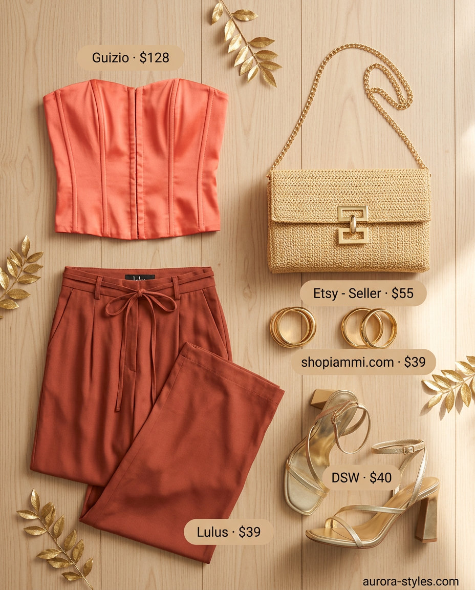 Coral satin corset top with terracotta palazzo pants for a festive vacation evening in summer 2026.