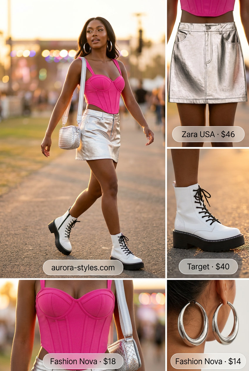 Festival ready outfit: Hot pink corset top, silver metallic mini skirt, white platform boots. What to wear with corset top summer 2026.