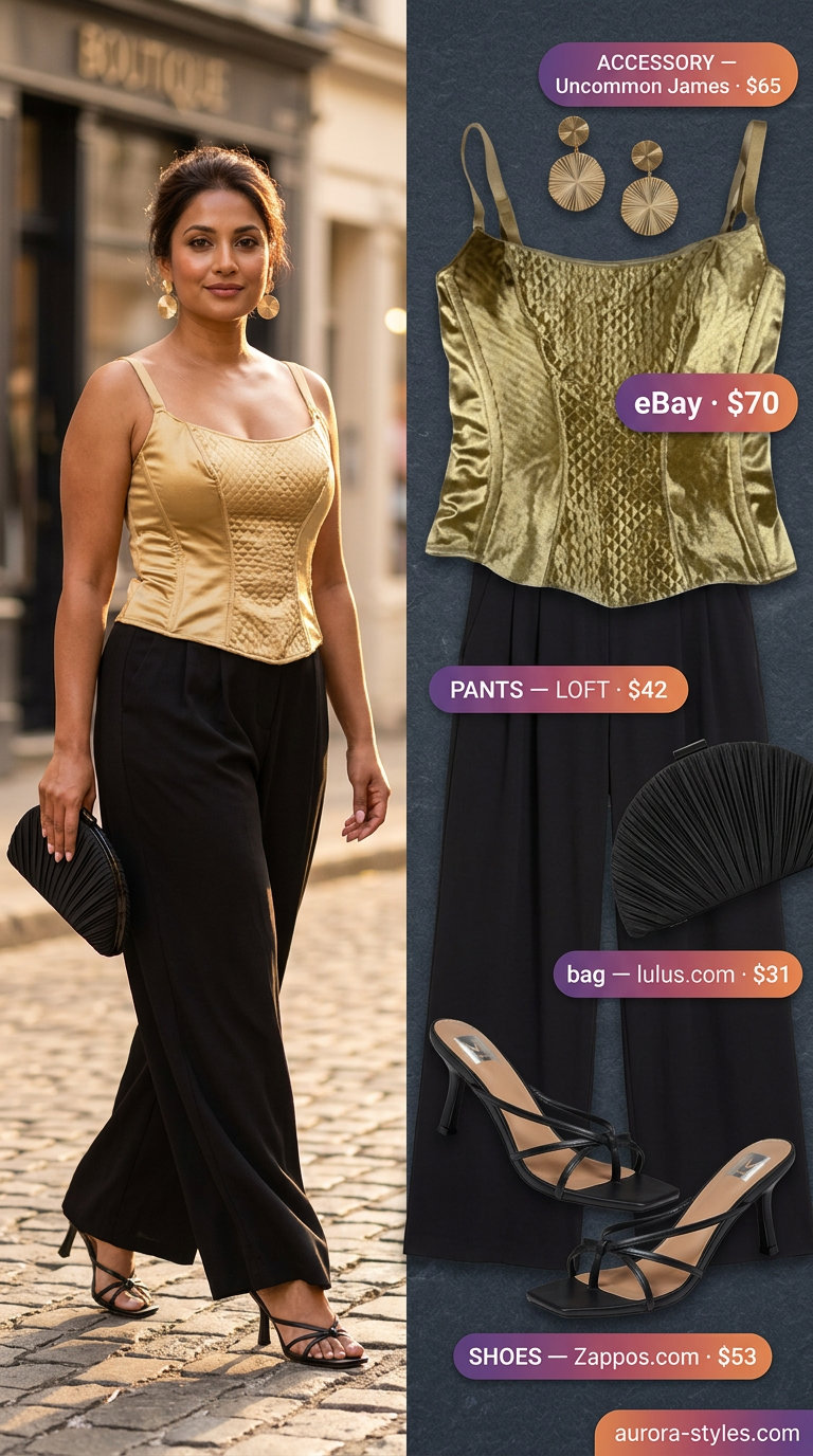 Golden hour glow outfit: Gold metallic corset top, black palazzo pants, heeled sandals. What to wear with corset top summer 2026.