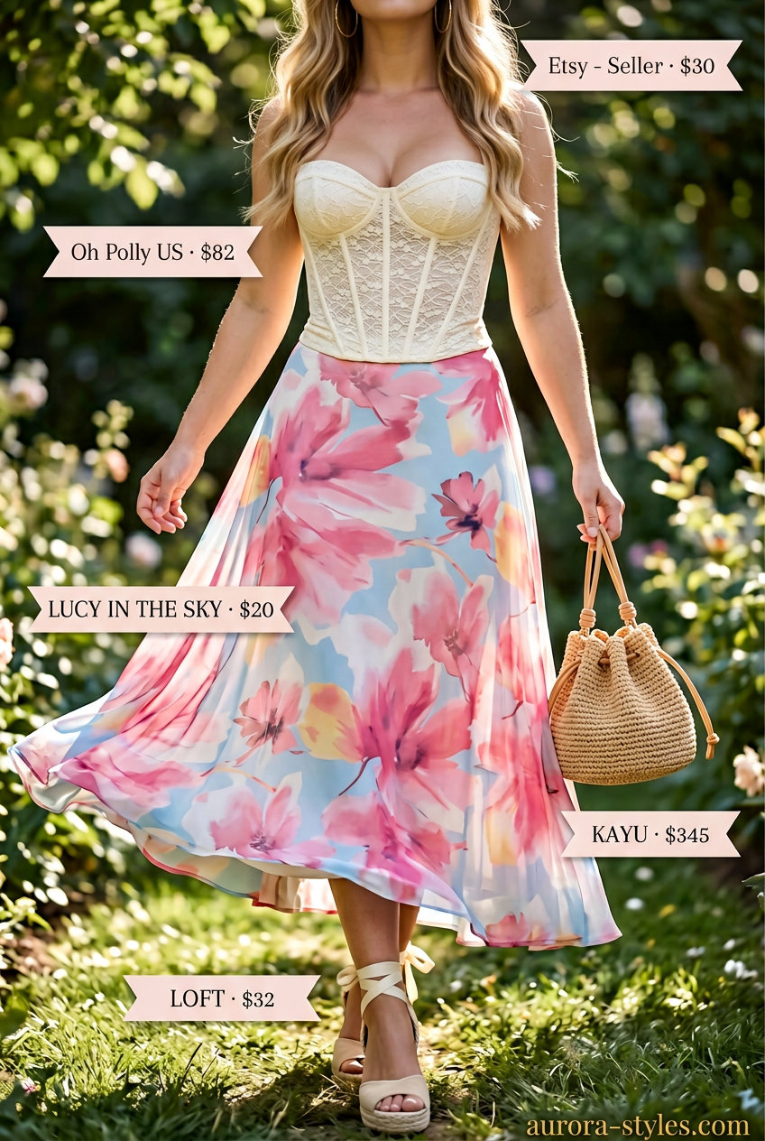 Ivory lace corset top with flowy pastel floral maxi skirt, perfect for garden parties and summer soirees in 2026.