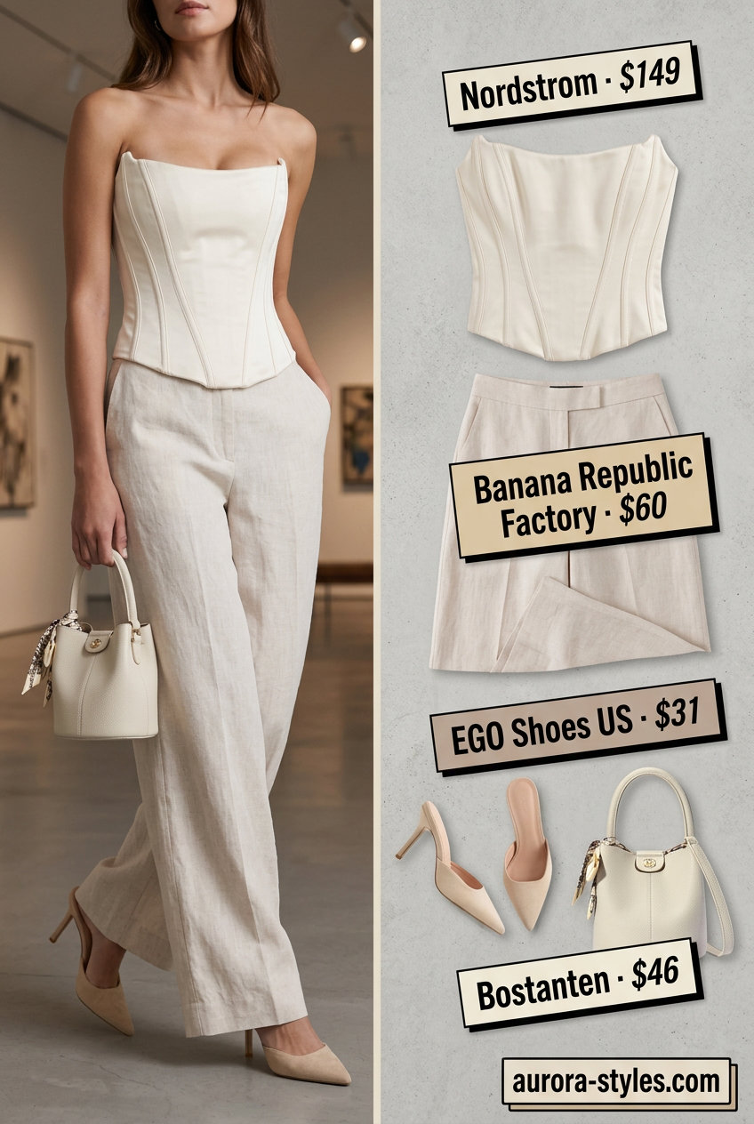 What to Wear with Corset Top Summer 2026: Cream corset top, cream linen pants, beige mules, gold necklace.