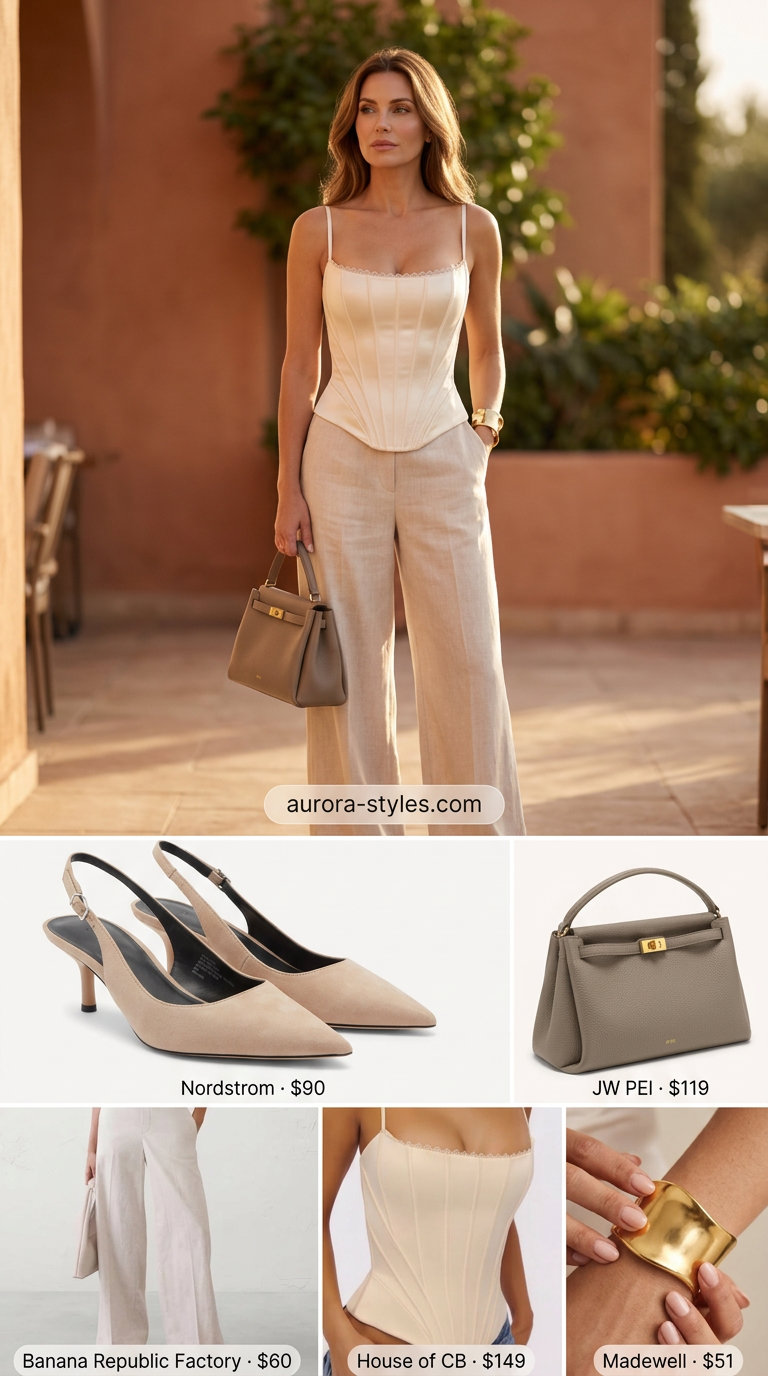 Monochrome moment outfit: Cream corset top, beige wide-leg trousers, pumps. What to wear with corset top summer 2026.