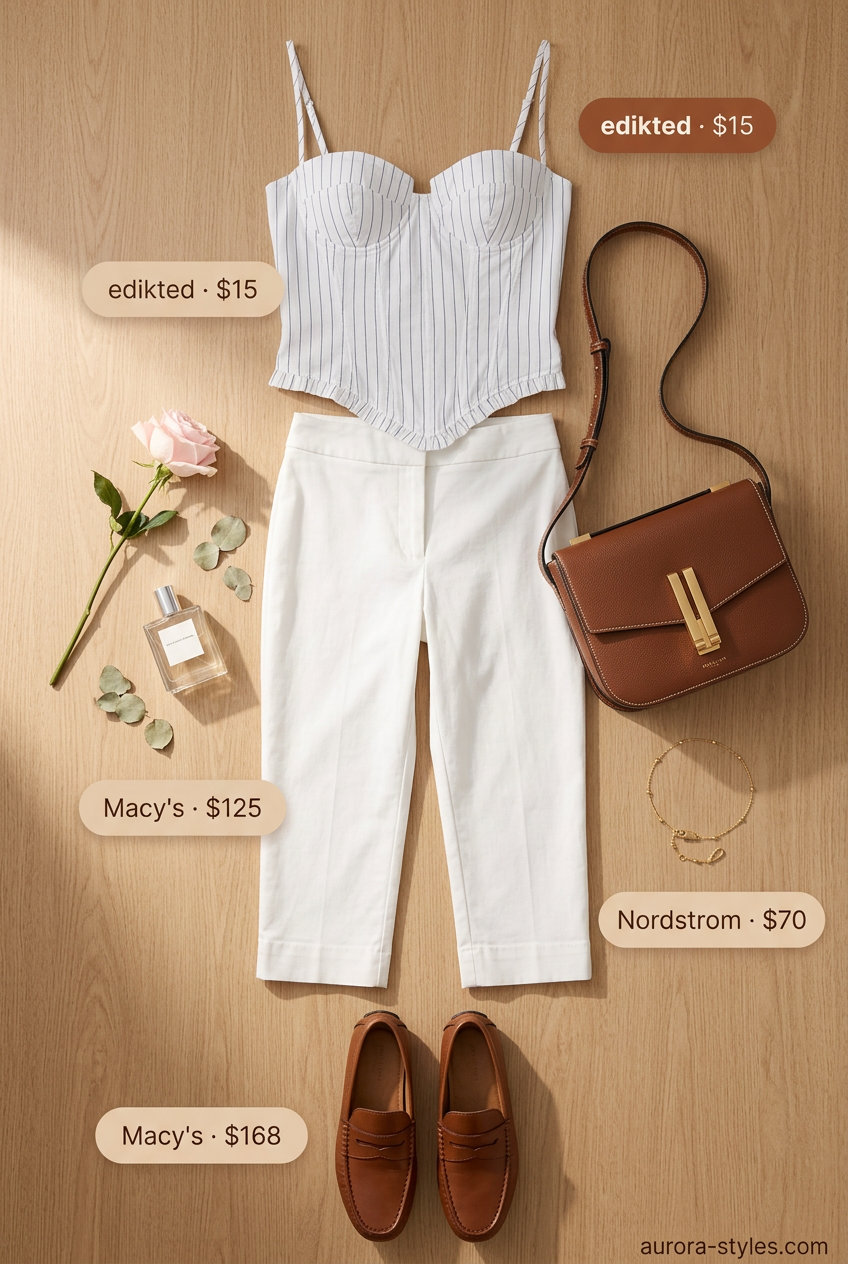 Preppy summer outfit: Striped corset top, white capri pants, loafers. What to wear with corset top summer 2026.