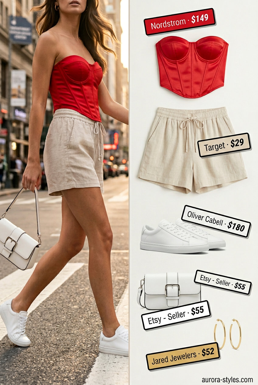 Bright red structured corset top with beige linen shorts for a bold casual lunch in summer 2026.