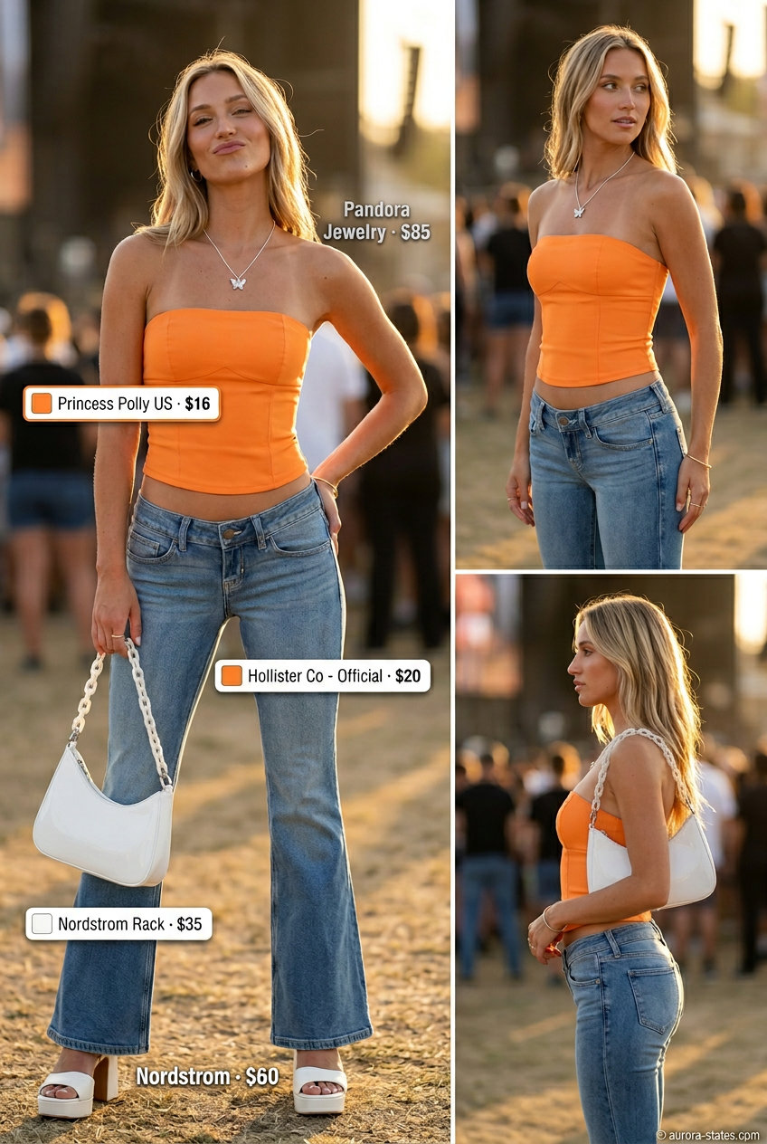 What to Wear with Corset Top Summer 2026: Orange corset top, flared jeans, platform sandals, silver necklace.