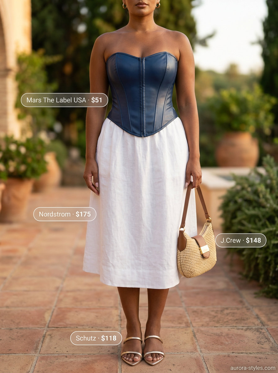 What to Wear with Corset Top Summer 2026: Navy corset top, white linen skirt, gold sandals, straw tote.