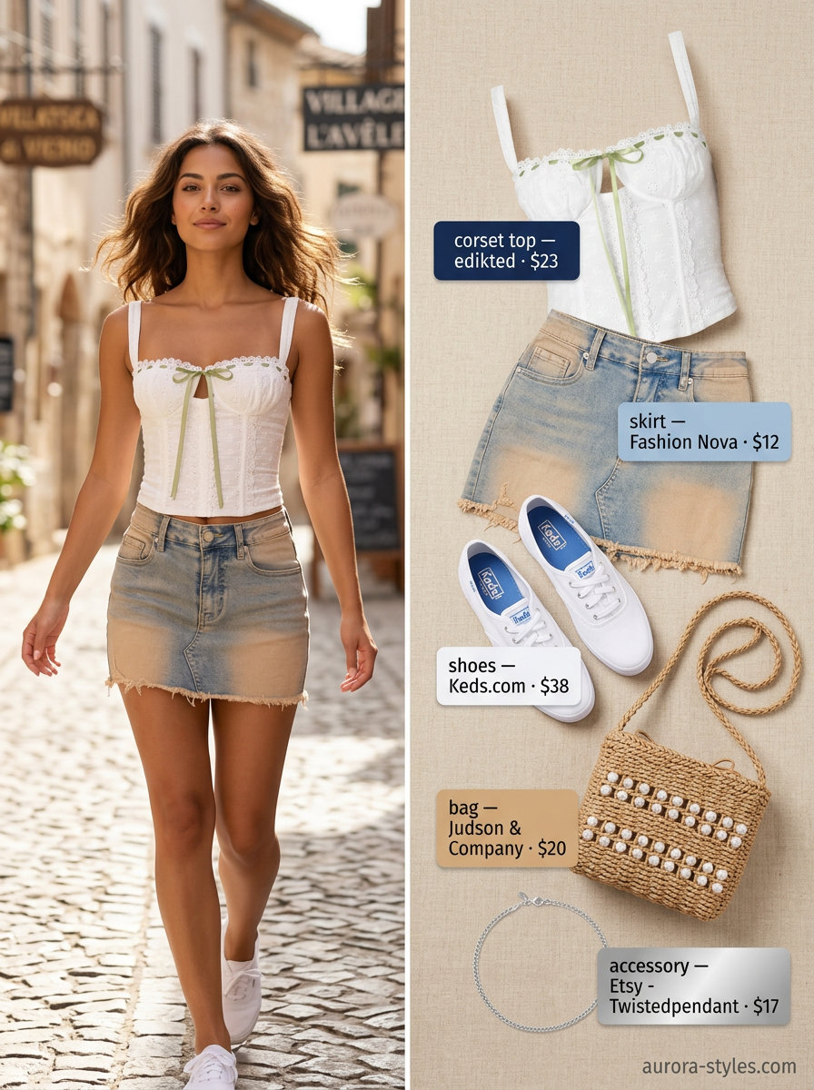 Summer romance outfit: Eyelet lace corset top, pink denim skirt, sneakers. What to wear with corset top summer 2026.