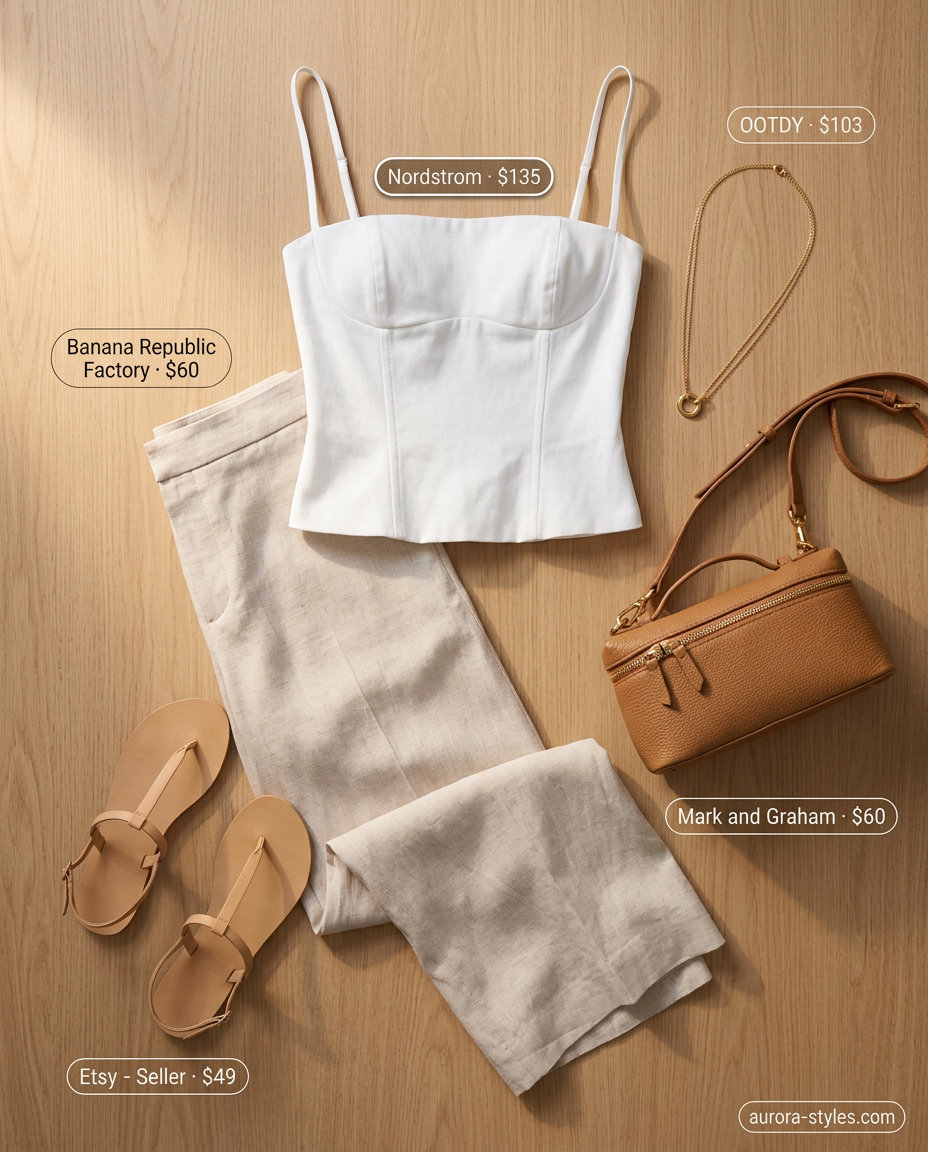 What to Wear with Corset Top Summer 2026: White corset top, beige linen pants, gold necklaces, tan sandals.