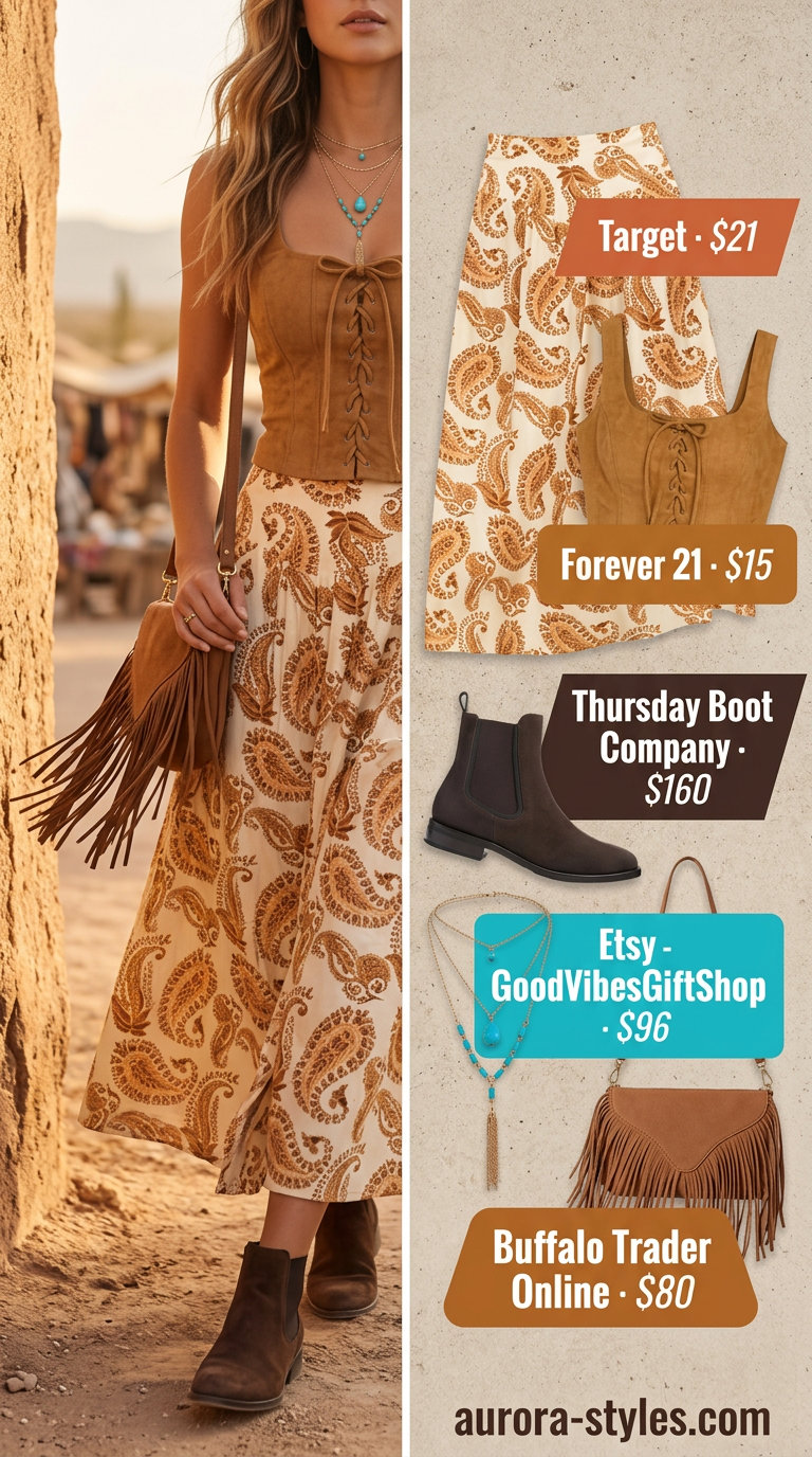 Tan faux suede corset top with an earthy toned paisley maxi skirt for a bohemian music festival in summer 2026.