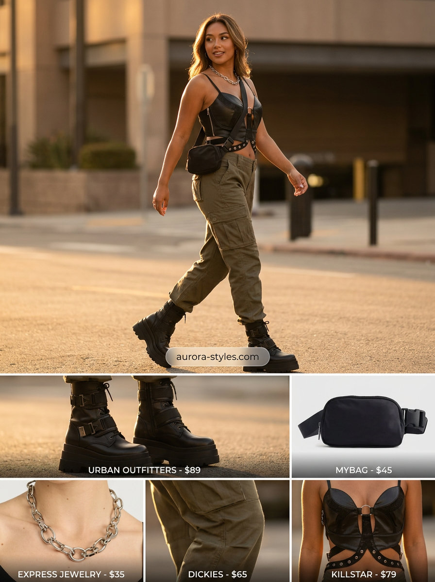 Urban edge outfit: Black corset top, khaki cargo pants, combat boots. What to wear with corset top summer 2026.