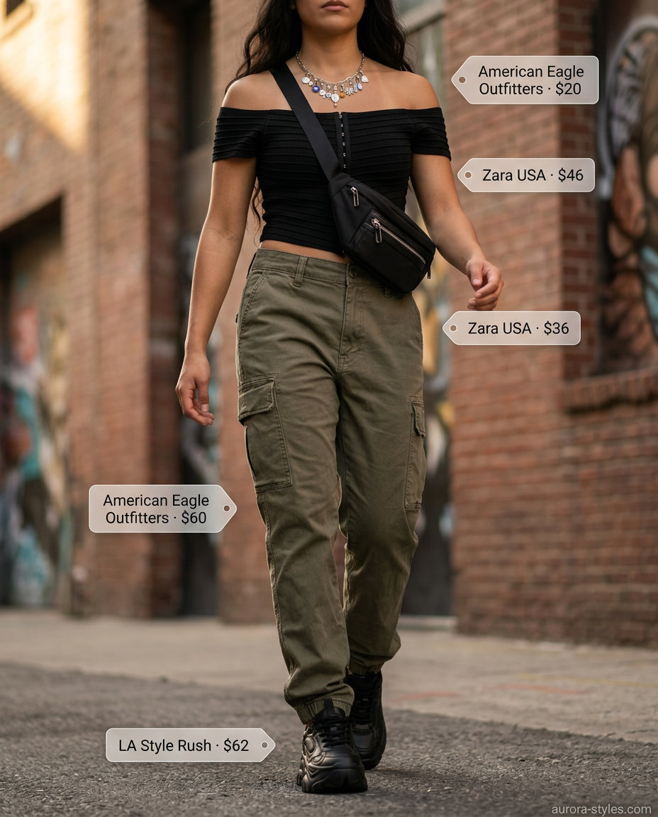 What to Wear with Corset Top Summer 2026: Black corset top, khaki cargo pants, platform sneakers, silver necklace.