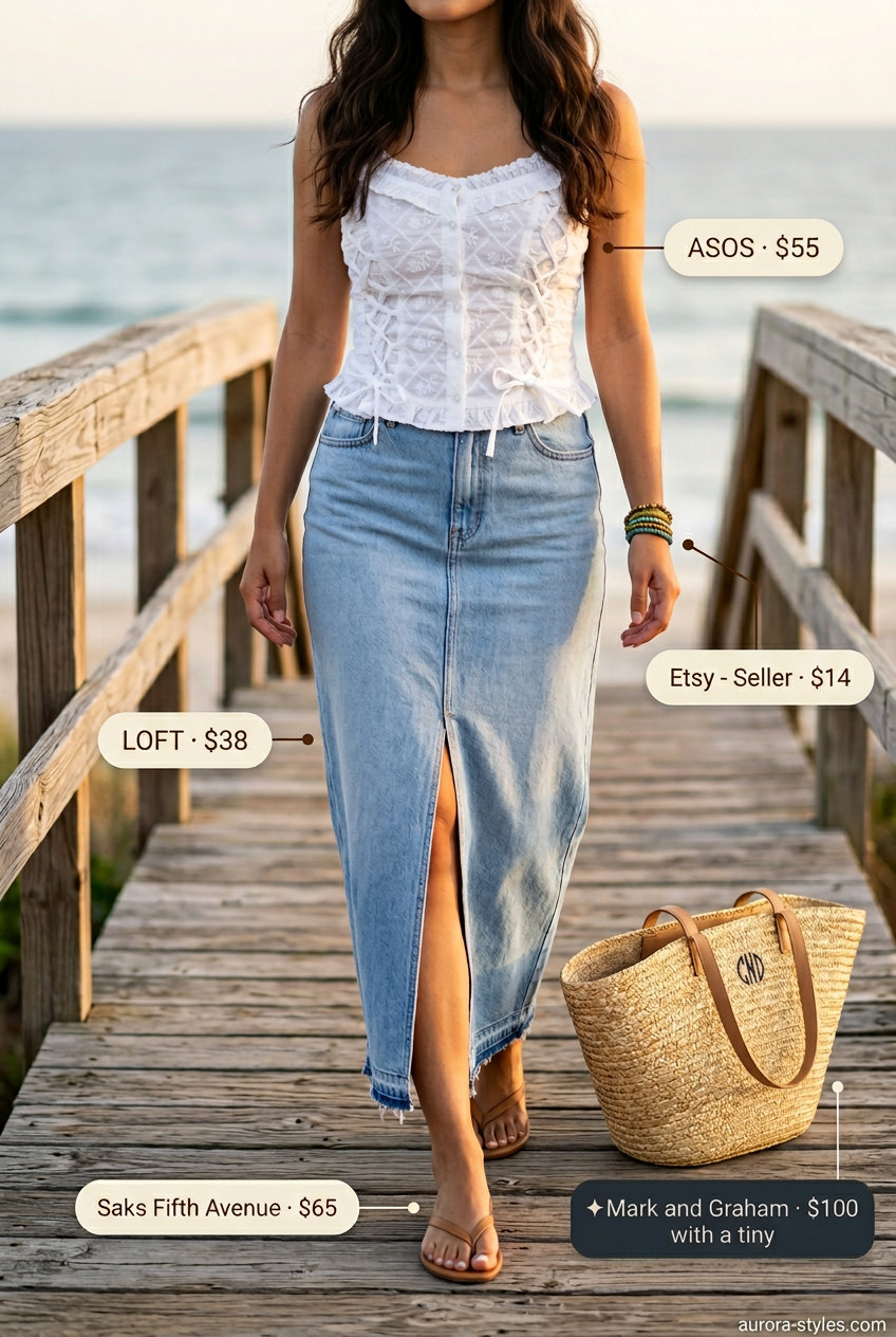 White cotton eyelet corset top with light-wash denim maxi skirt for a relaxed boho beach look in summer 2026.