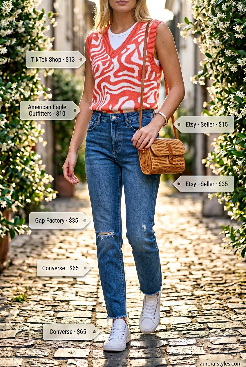 Playful abstract print knit vest outfit with denim jeans, sneakers, and raffia bag for summer 2026.