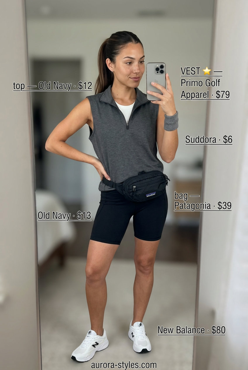 What to Wear with Knit Vest Summer 2026: Charcoal grey athletic knit vest with biker shorts for light workouts.