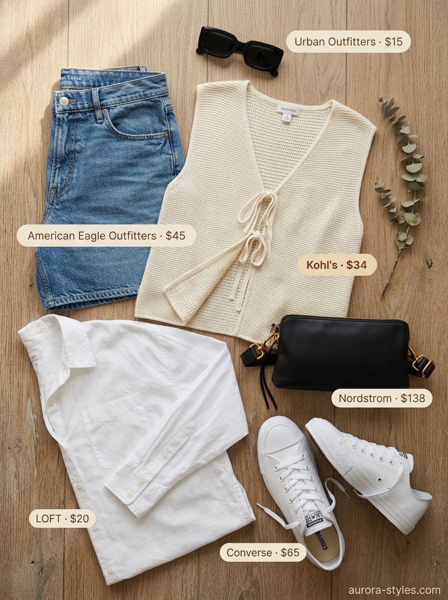 What to Wear with Knit Vest Summer 2026: White crochet knit vest with denim shorts for casual city exploring.