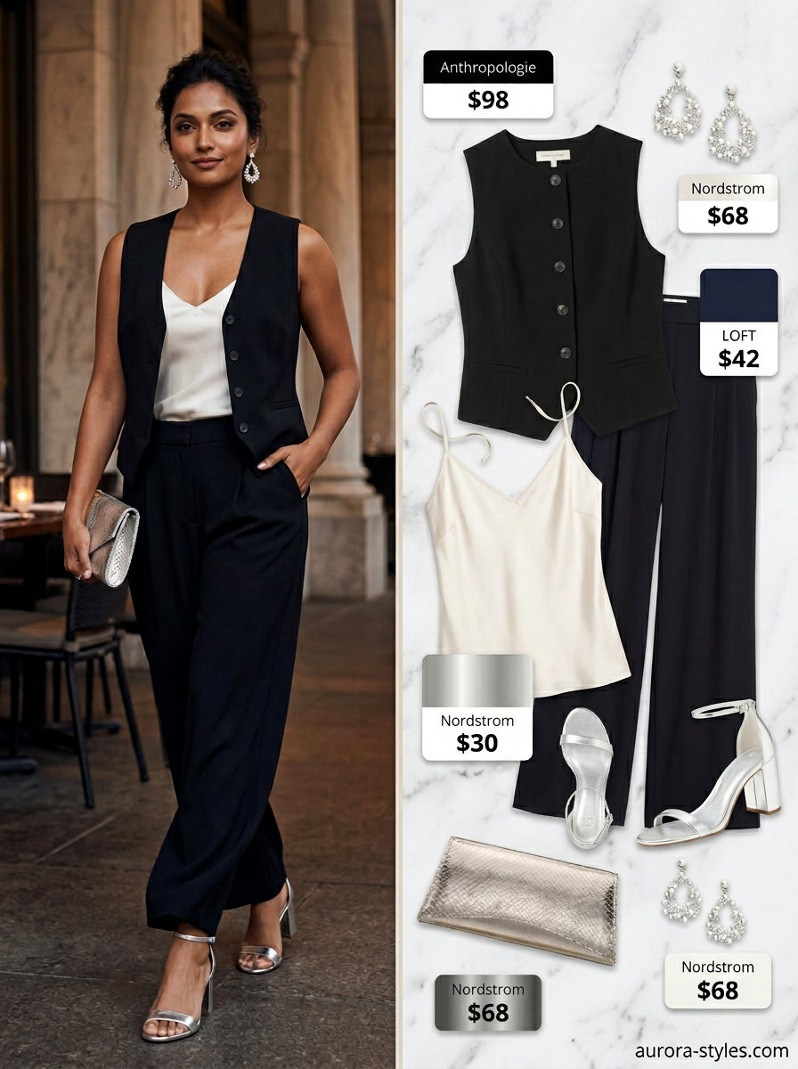 Elegant evening knit vest outfit with palazzo pants, satin camisole, and heeled sandals for summer 2026.
