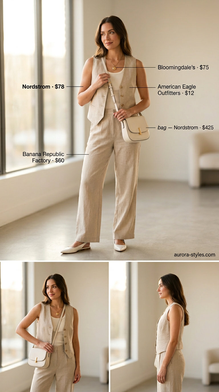 What to Wear with Knit Vest Summer 2026: Monochromatic beige knit vest outfit for daytime events or travel.