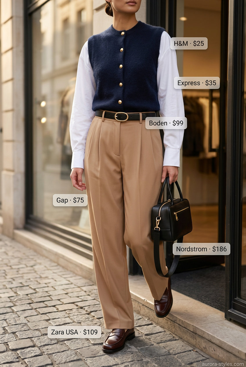 What to Wear with Knit Vest Summer 2026: Chic camel vest outfit for office casual, business meetings, or smart lunch.