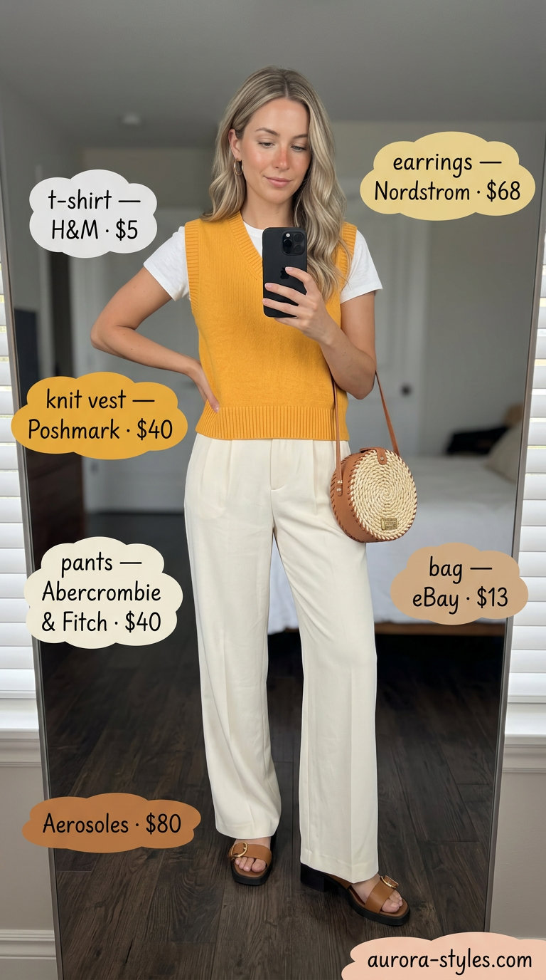 Retro-inspired knit vest outfit with mustard yellow vest, cream wide-leg trousers, and platform sandals for summer 2026.
