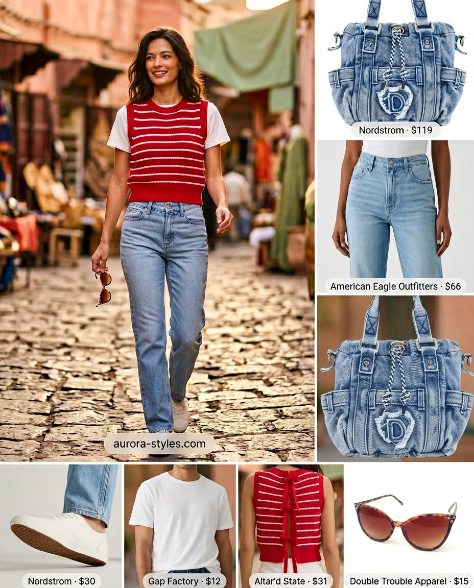 Retro cool knit vest outfit with striped vest, high-waisted jeans, sneakers, and cat-eye sunglasses for summer 2026.