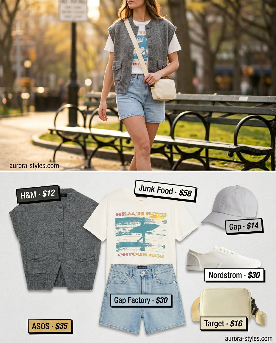 What to Wear with Knit Vest Summer 2026: Heather grey chunky knit vest with denim shorts for weekend brunch.