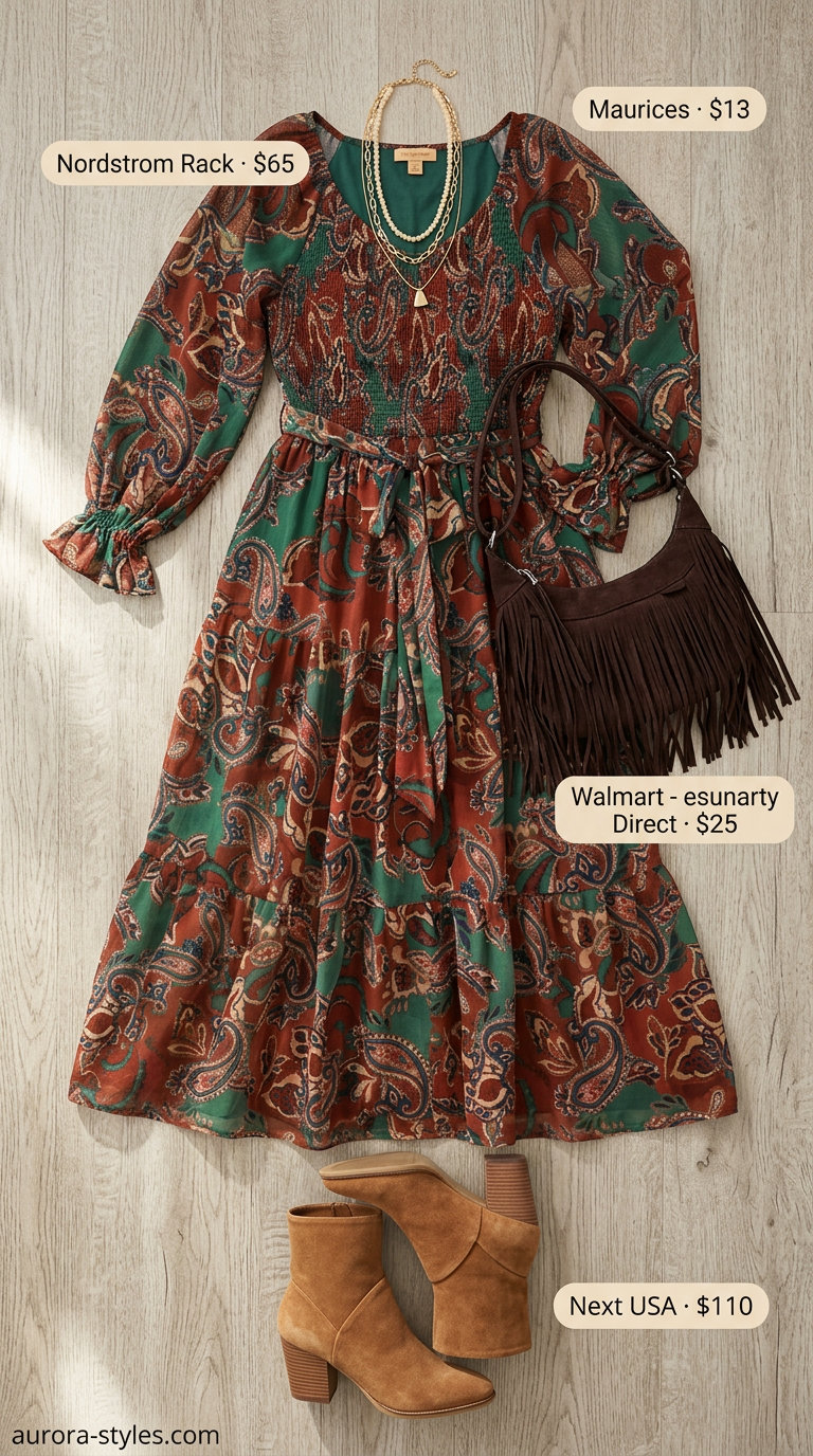 Bohemian maxi dress outfit: Jewel-toned paisley print dress with tan suede boots & fringed crossbody bag.