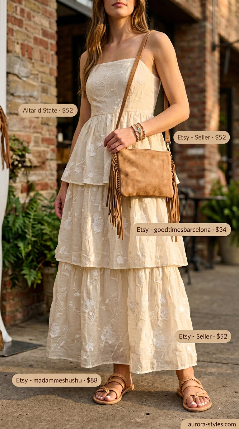 Boho summer evening maxi dress outfit for 2026. Features ivory lace maxi, flat leather sandals, and stacked bracelets.