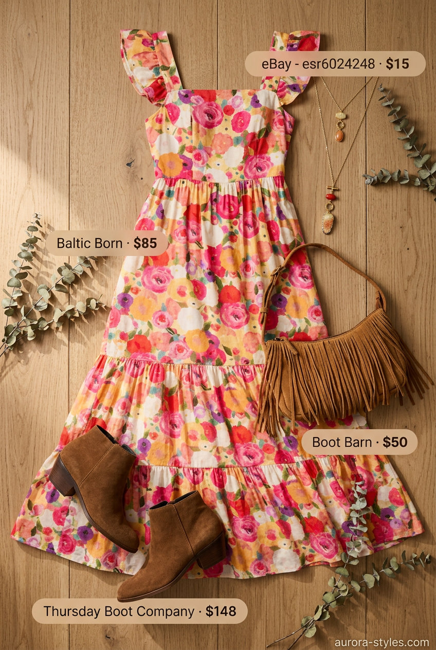 What to Wear with Maxi Dress Summer 2026: Boho floral maxi dress with suede boots and fringe bag.
