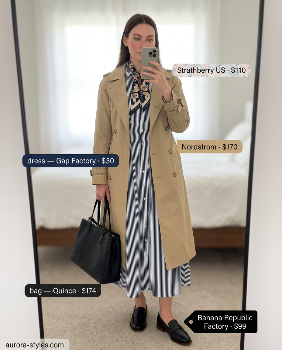 What to Wear with Maxi Dress Summer 2026: Striped knit maxi dress with trench coat for business casual.