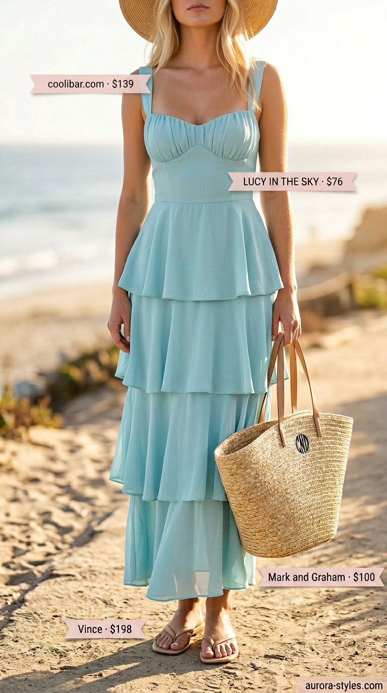 Coastal breeze maxi dress outfit: Ocean blue dress with leather sandals, straw hat & tote bag.