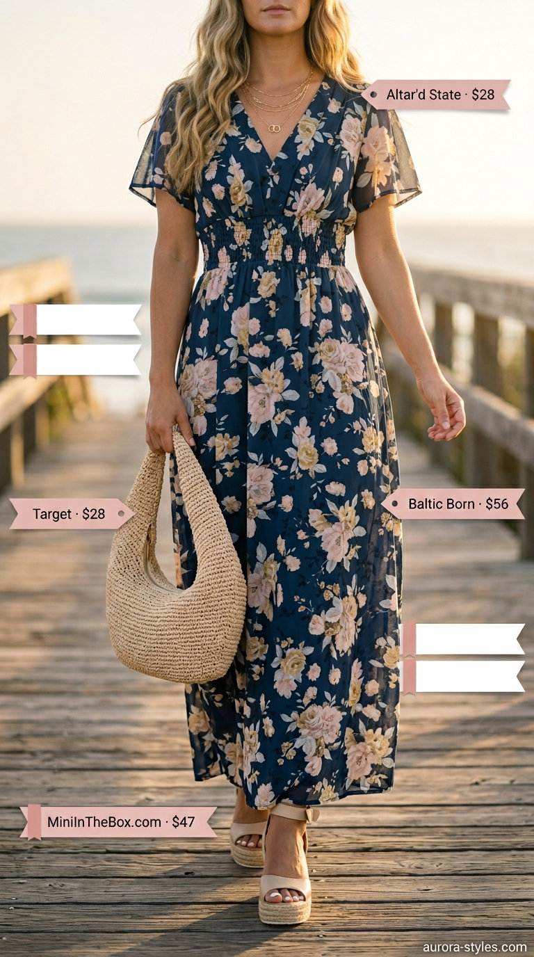 Coastal breeze pastel floral maxi dress outfit for summer 2026. Includes espadrilles, straw tote, and layered necklaces.