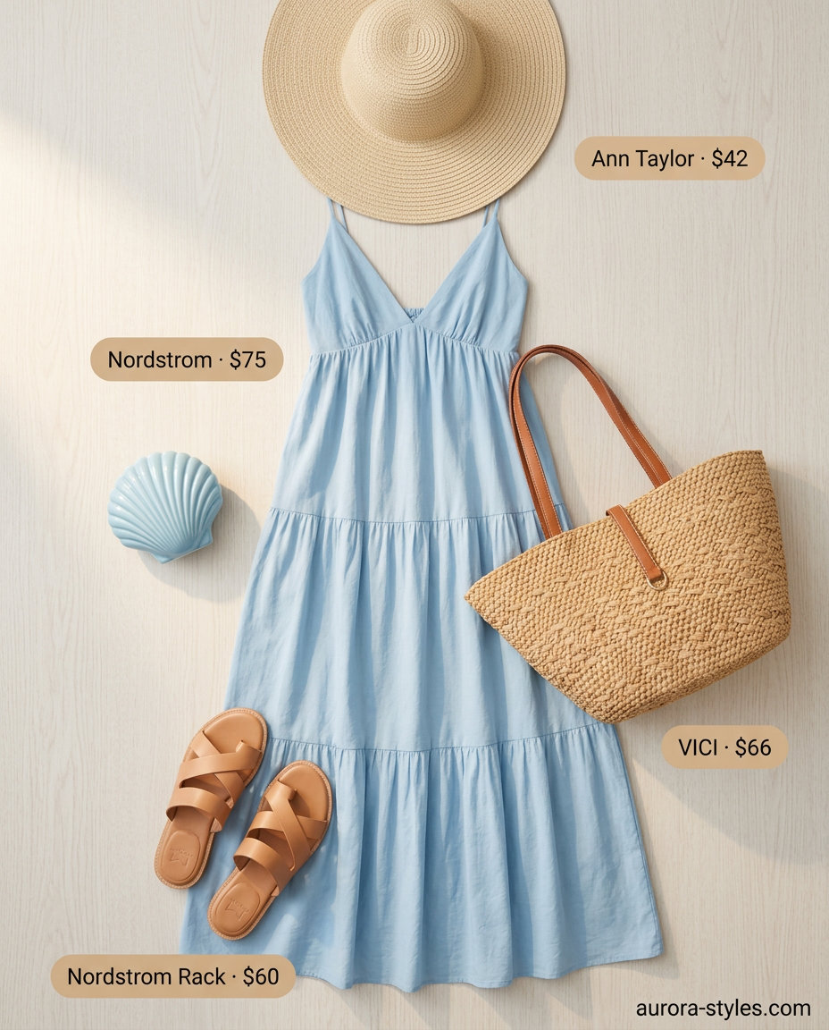 Coastal breeze ocean blue maxi dress outfit for summer 2026. Includes straw hat, tote bag, and flat slide sandals.