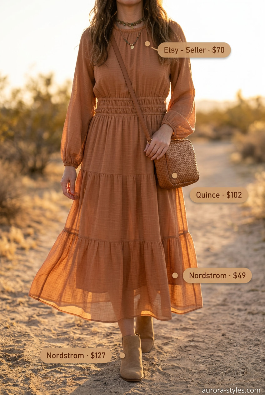 Desert sunset maxi dress outfit: Terracotta smocked dress with tan suede boots & woven crossbody bag.