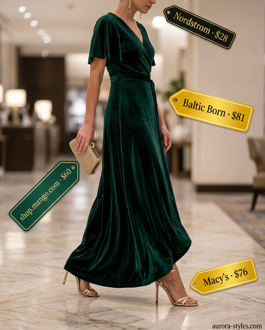 What to Wear with Maxi Dress Summer 2026: Emerald green velvet maxi dress with gold heels and clutch.