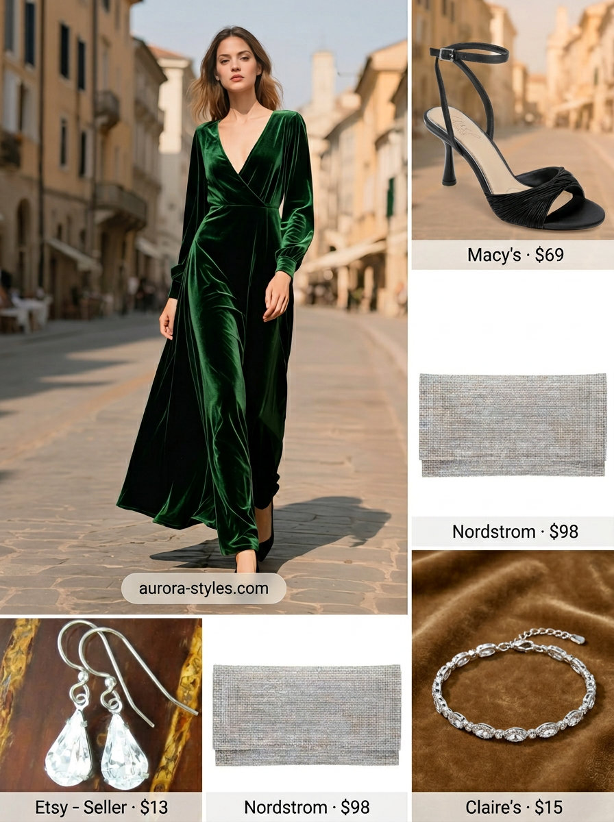 Elegant evening maxi dress outfit: Emerald green velvet dress with silver crystal earrings & black strappy heels.