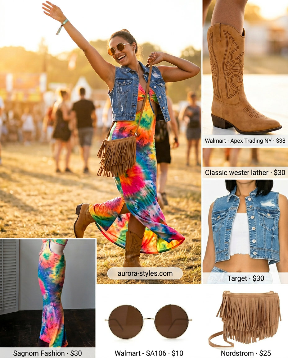 Festival ready tie-dye maxi dress outfit for summer 2026. Includes denim vest, cowboy boots, fringe bag, and sunglasses.