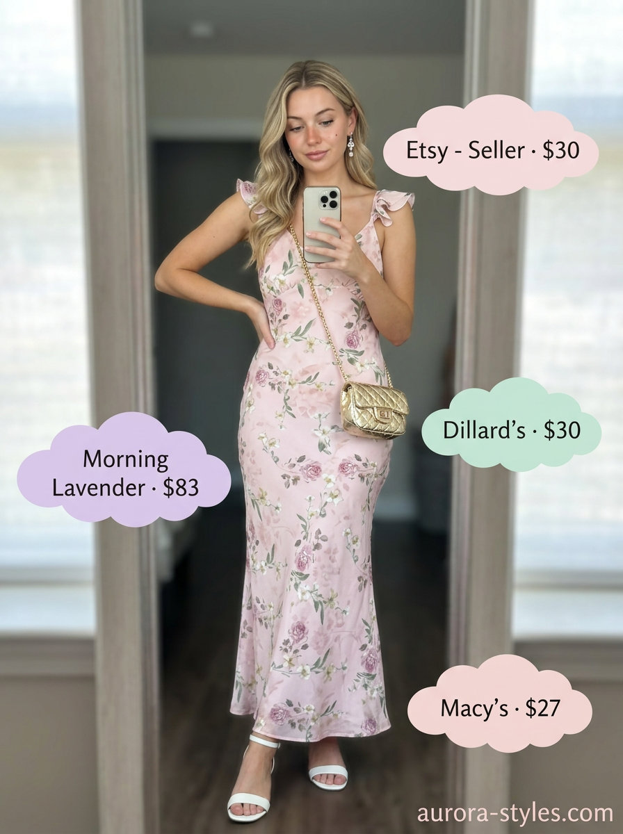 Garden party pastel floral maxi dress outfit for summer 2026. Includes block heel sandals, crossbody bag, and drop earrings.