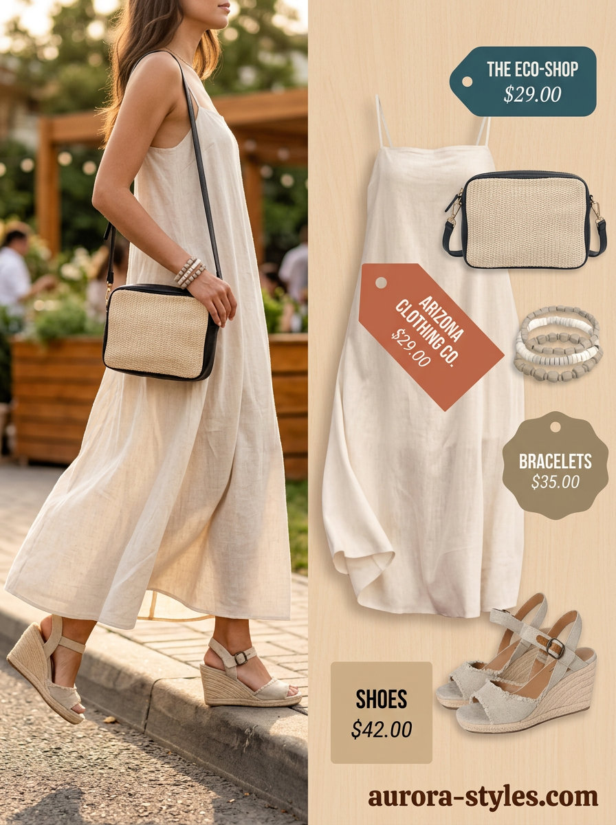 Golden hour linen maxi dress outfit: Beige linen dress with espadrilles, raffia bag & wood bracelets.