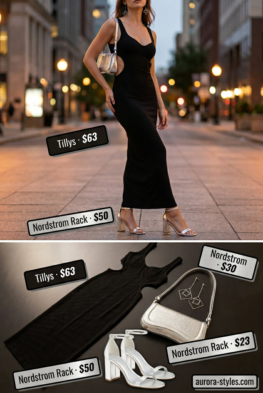 What to Wear with Maxi Dress Summer 2026: Black cutout maxi dress with silver accessories for a chic evening.