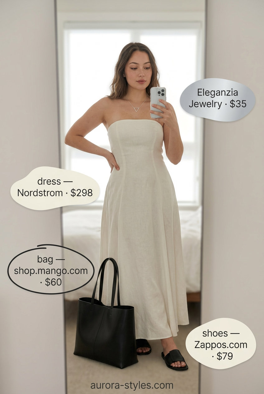 What to Wear with Maxi Dress Summer 2026: Ivory maxi dress with black slides and tote for a chic lunch.