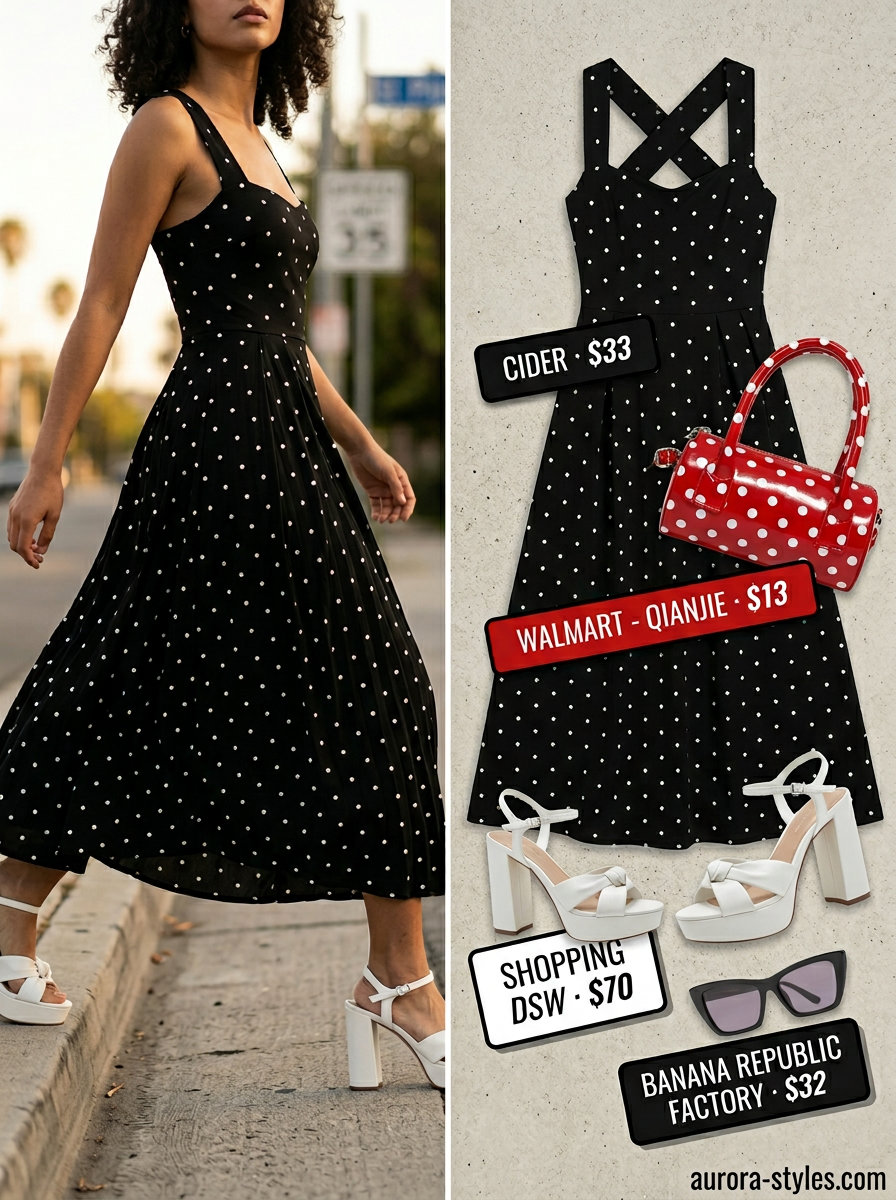 Retro black and white polka dot maxi dress outfit for summer 2026. Includes platform sandals, cat-eye sunglasses, and crossbody bag.