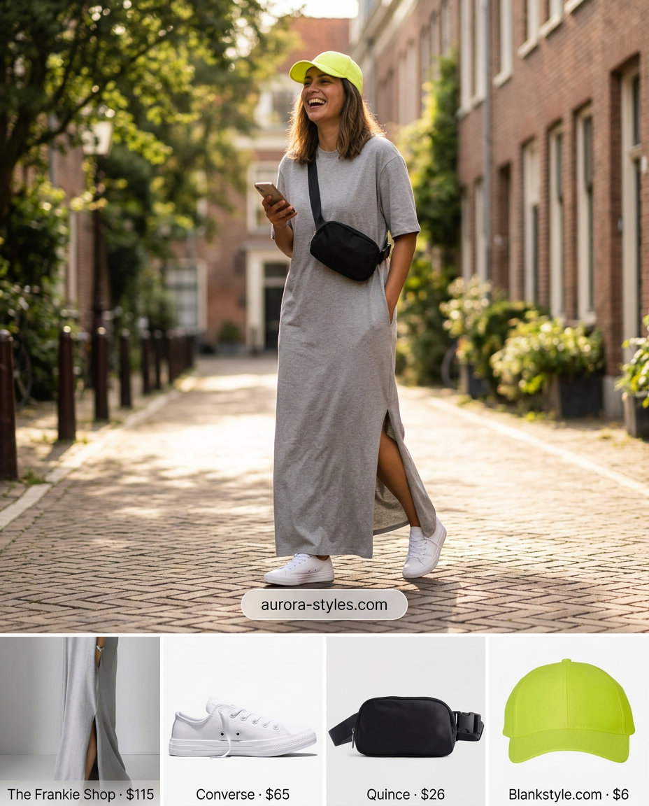Sporty chic maxi dress outfit: Grey t-shirt dress with white sneakers, neon cap & black belt bag.