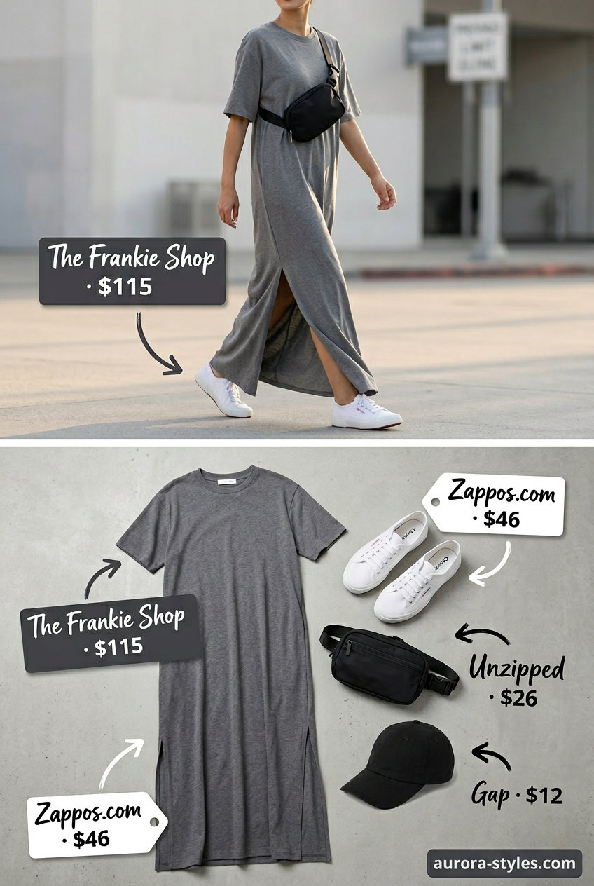 Sporty grey maxi dress outfit for summer 2026 errands. Features t-shirt dress, baseball cap, belt bag, and sneakers.