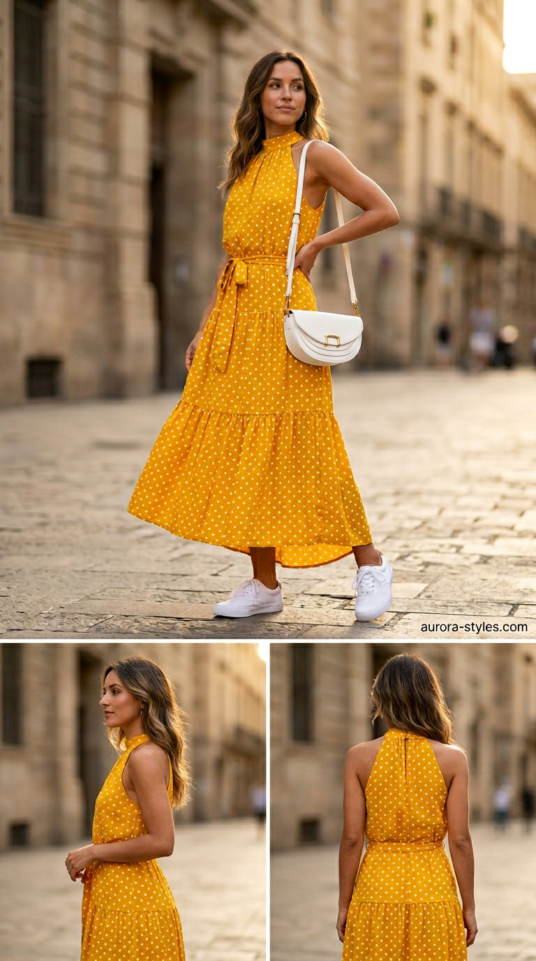What to Wear with Maxi Dress Summer 2026: Yellow polka dot maxi dress with white sneakers and crossbody bag.