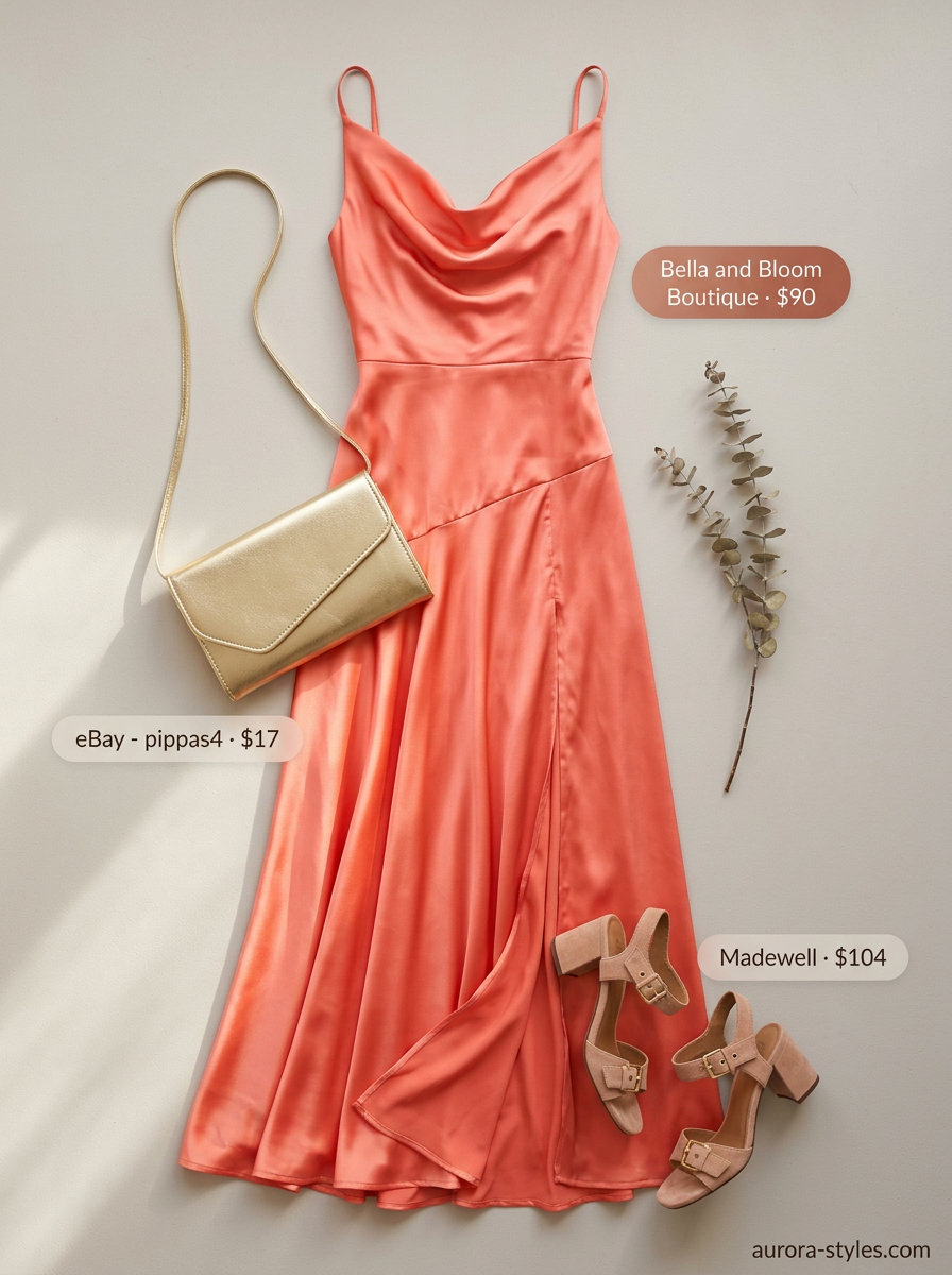 Sunset serenade coral maxi dress outfit for summer 2026. Includes heeled sandals, clutch, and layered necklaces.