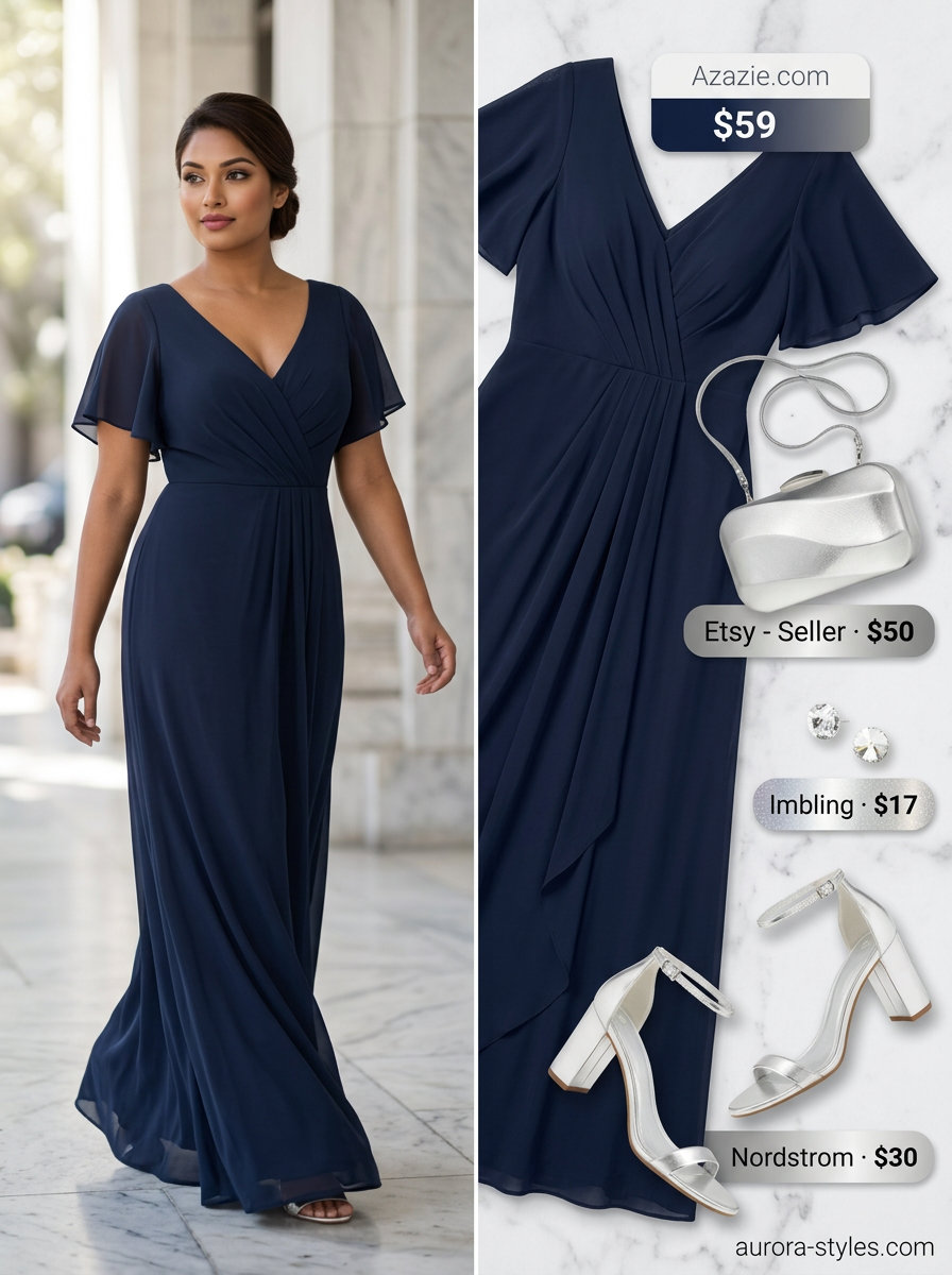 Sunset cruise maxi dress outfit: Navy blue flowing dress with silver heels & crystal earrings.